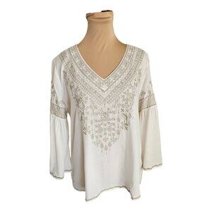 Chelsea & Theodore White Flowy Boho Embroidered Blouse Sz M